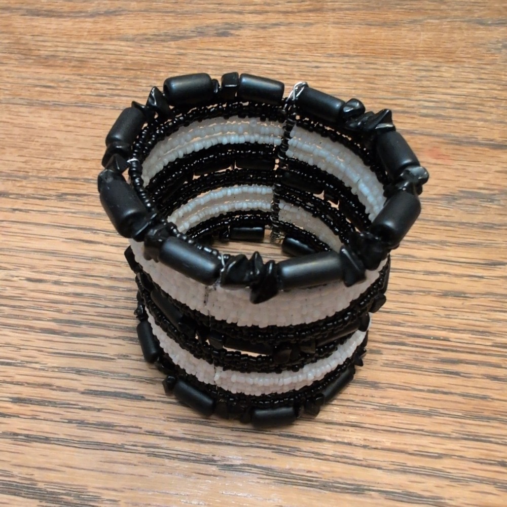 Black and White Beaded Multi Strand Memory Wire Wrap Cuff Bracelet Boho Style - Picture 3 of 4